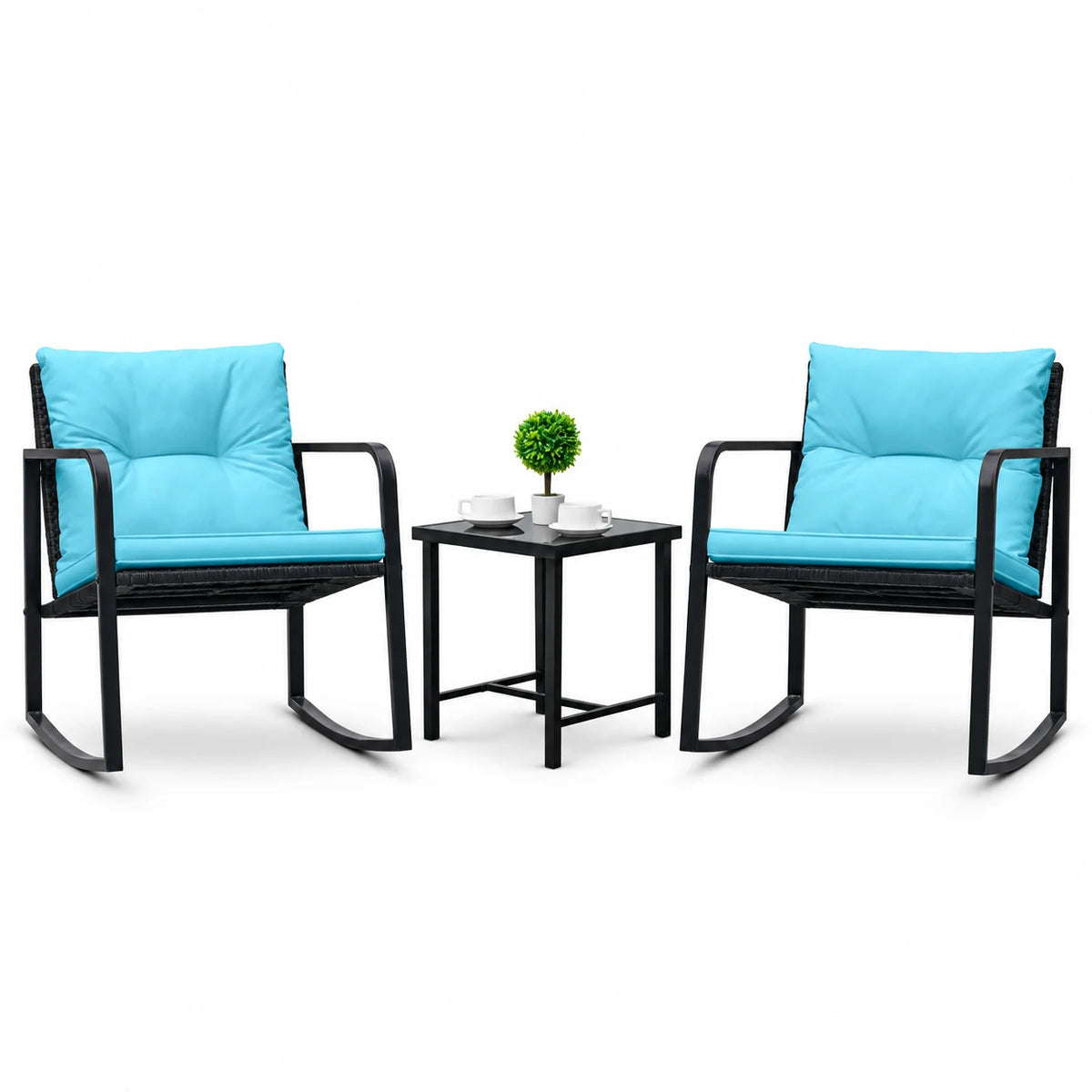 Homall 3 Pieces Outdoor Rocking Chair Furniture Sets Modern Patio Furniture Set Rocking Wicker Bistro Sets Cushioned PE Rattan Chairs Conversation Sets with Glass Coffee Table,Blue