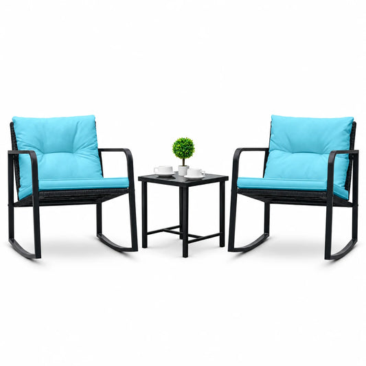 Homall 3 Pieces Outdoor Rocking Chair Furniture Sets Modern Patio Furniture Set Rocking Wicker Bistro Sets Cushioned PE Rattan Chairs Conversation Sets with Glass Coffee Table,Blue
