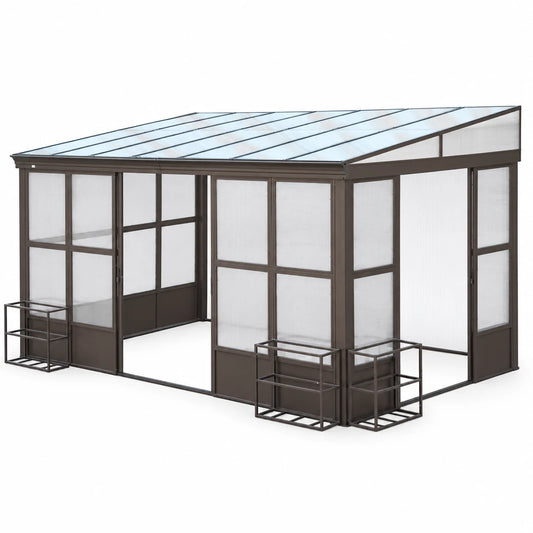 Domi 10x14FT All-Season Sunroom, Aluminum Lean-To Gazebo with Detachable Polycarbonate Windows, 2 Lockable Sliding Doors, for Patio/Garden Deck