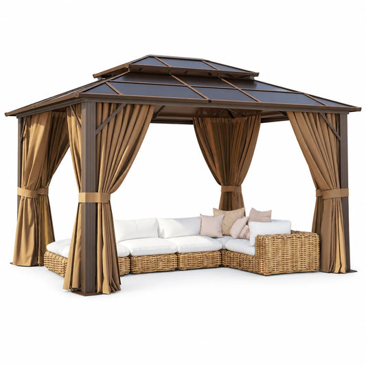 Clouddwell 10'x12' Hardtop Gazebo - Polycarbonate Double Roof with Netting & Curtains for Patio, Garden Sun Protection,Brown