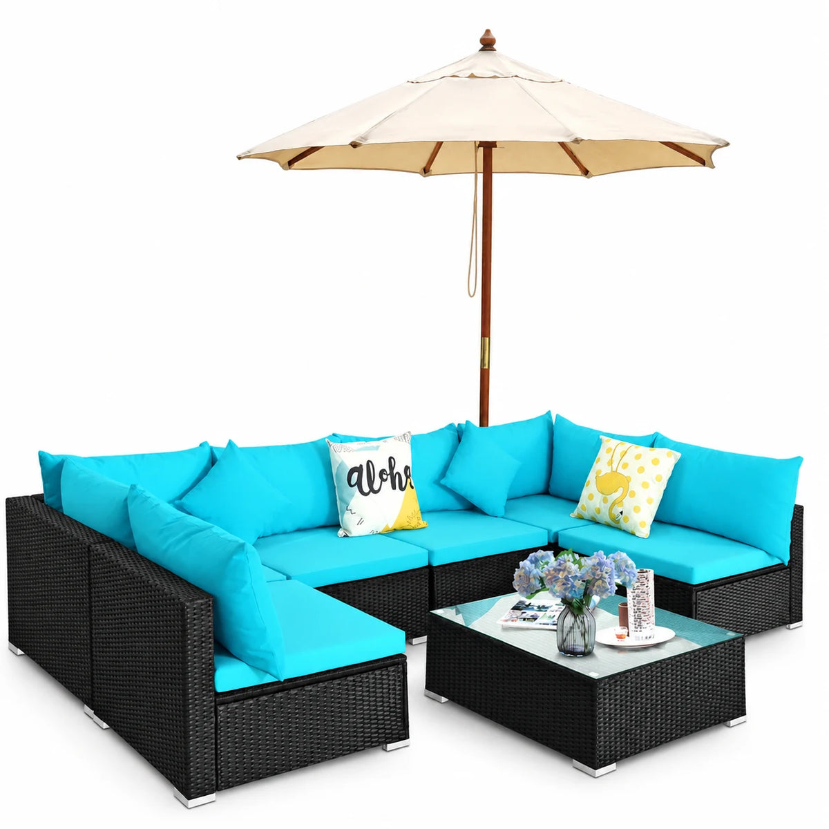 Patiojoy 7-Piece Patio PE Rattan Sectional Sofa Furniture Set Wicker Sofa Conversation Set Turquoise