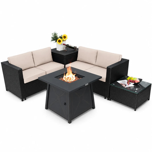 Patiojoy 5-Piece Outdoor Patio Furniture Set with 50,000 BTU Propane Fire Pit Table Patio PE Wicker Conversation Set with Cushions Storage Box and Tempered Glass Coffee Table Beige