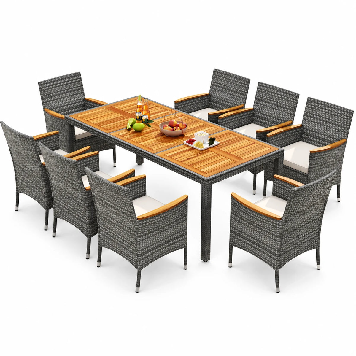 Costway 9PCS Patio Rattan Dining Set Mix Gray Acacia Wood Table Cushioned Chair