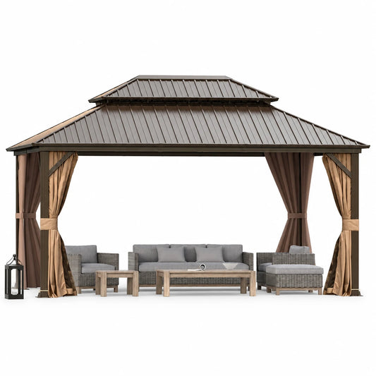 Domi Outdoor 12x16 ft Hardtop Gazebo Canopy Metal with Galvanized Steel Double Roof,Curtain & Netting for Patio Deck Backyard, Brown