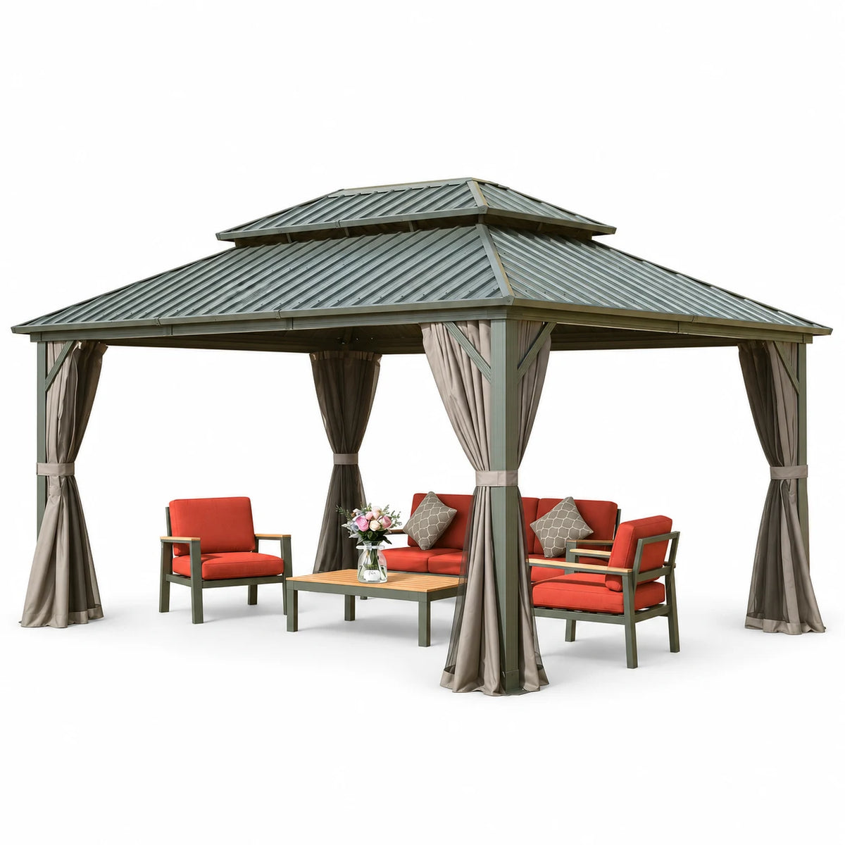 Domi Outdoor 12x14 ft Hardtop Gazebo Canopy Metal with Galvanized Steel Double Roof,Curtain & Netting for Patio Deck Backyard, Gray