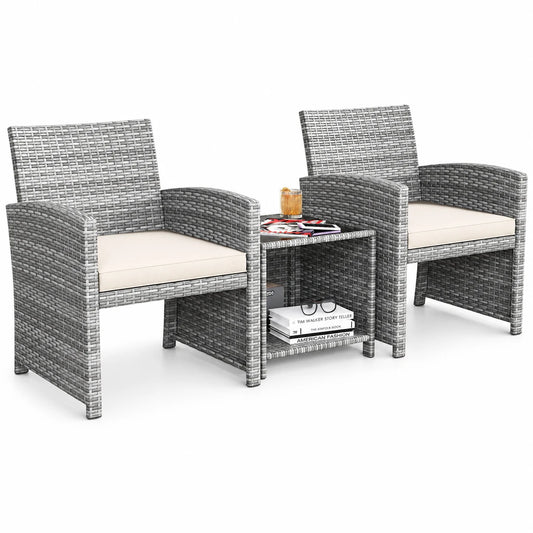 Costway 3 PCS Patio Furniture Set with Tempered Glass Coffee Table & Soft Seat Cushions White