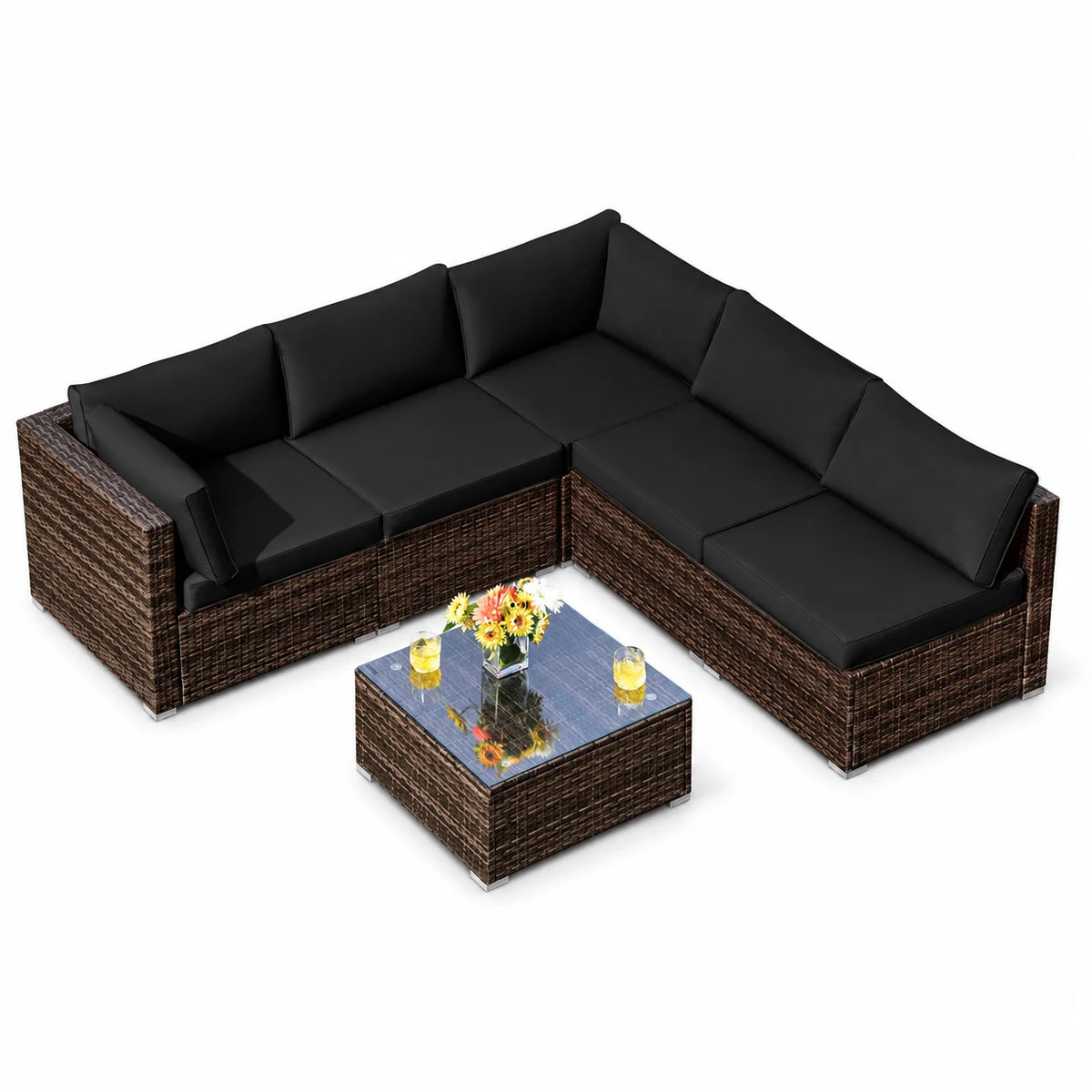 Costway 6PCS Patio Rattan Furniture Set Cushioned Sofa Coffee Table Black