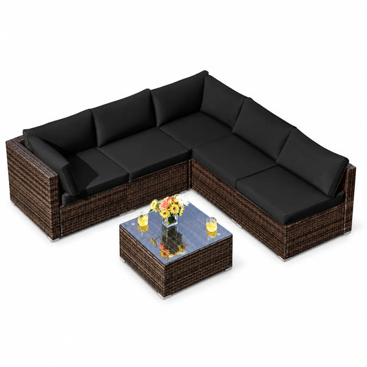Costway 6PCS Patio Rattan Furniture Set Cushioned Sofa Coffee Table Black