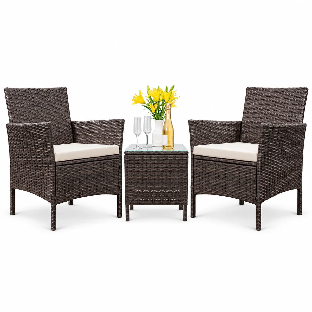 Homall 3 Pieces Outdoor Patio Furniture PE Rattan Wicker Table and Chairs Set Bar Set with Cushioned Tempered Glass, Brown/Beige, 2