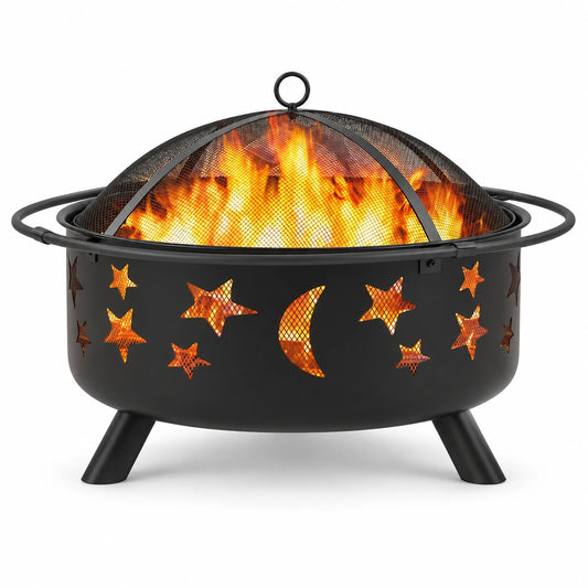 Yaheetech Round Fire Pit with Stars Moons Pattern, Black