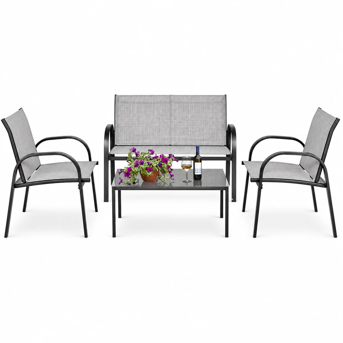 Costway 4 PCS Patio Furniture Set Sofa Coffee Table Steel Frame Garden Deck Gray