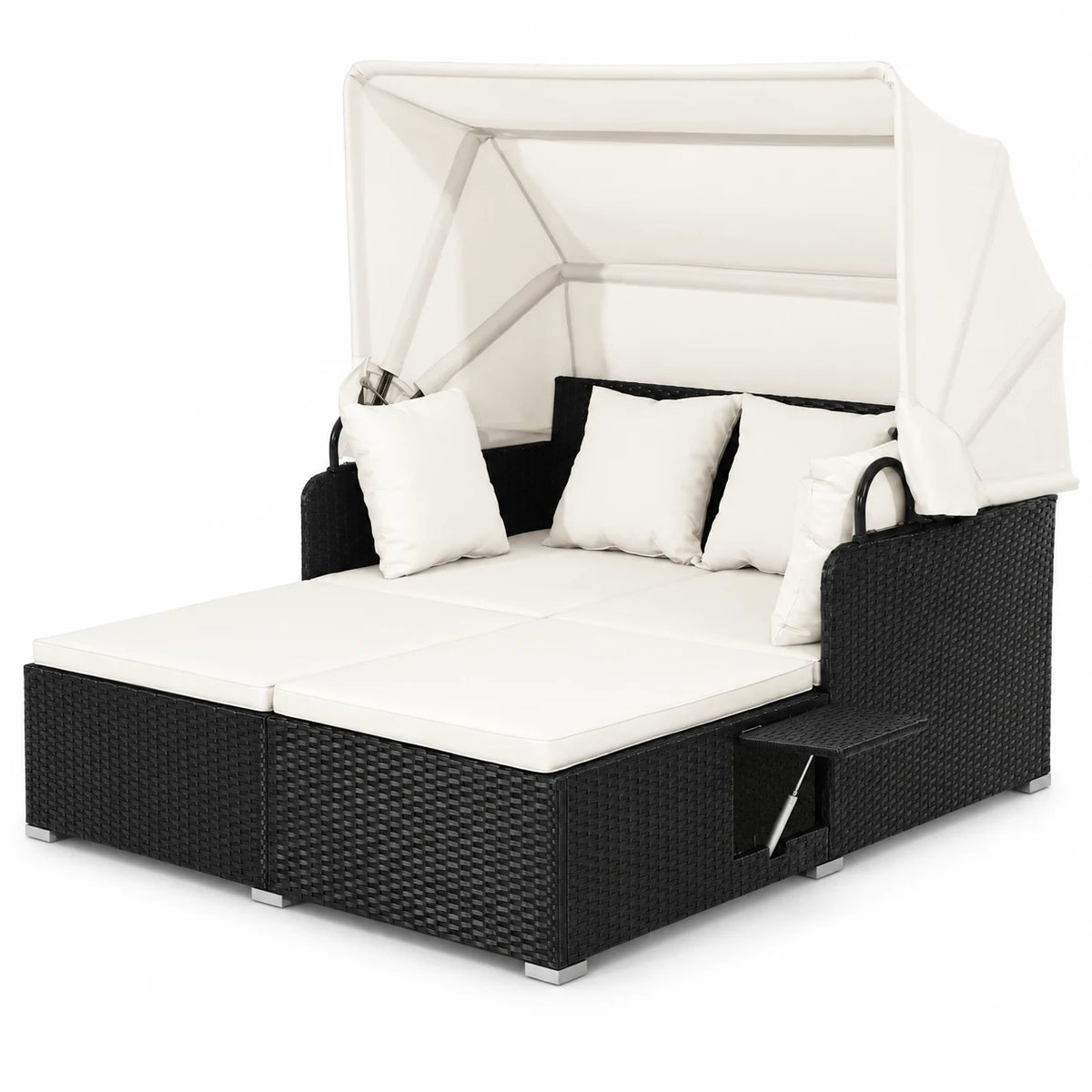Gymax Patio Hand-Woven PE Wicker Daybed Outdoor Loveseat Sofa Set w/ Off White Cushions