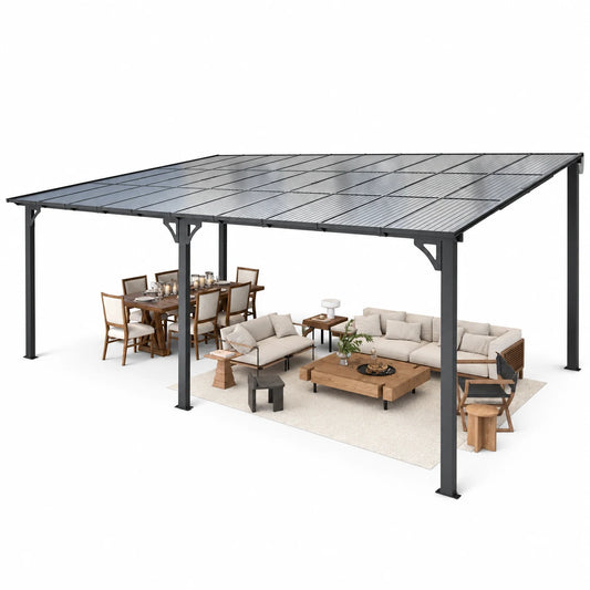 AECOJOY 20 x 12 Ft Wall-Mounted Hardtop Gazebo, Polycarbonate Roof & Metal Frame, Dark Grey
