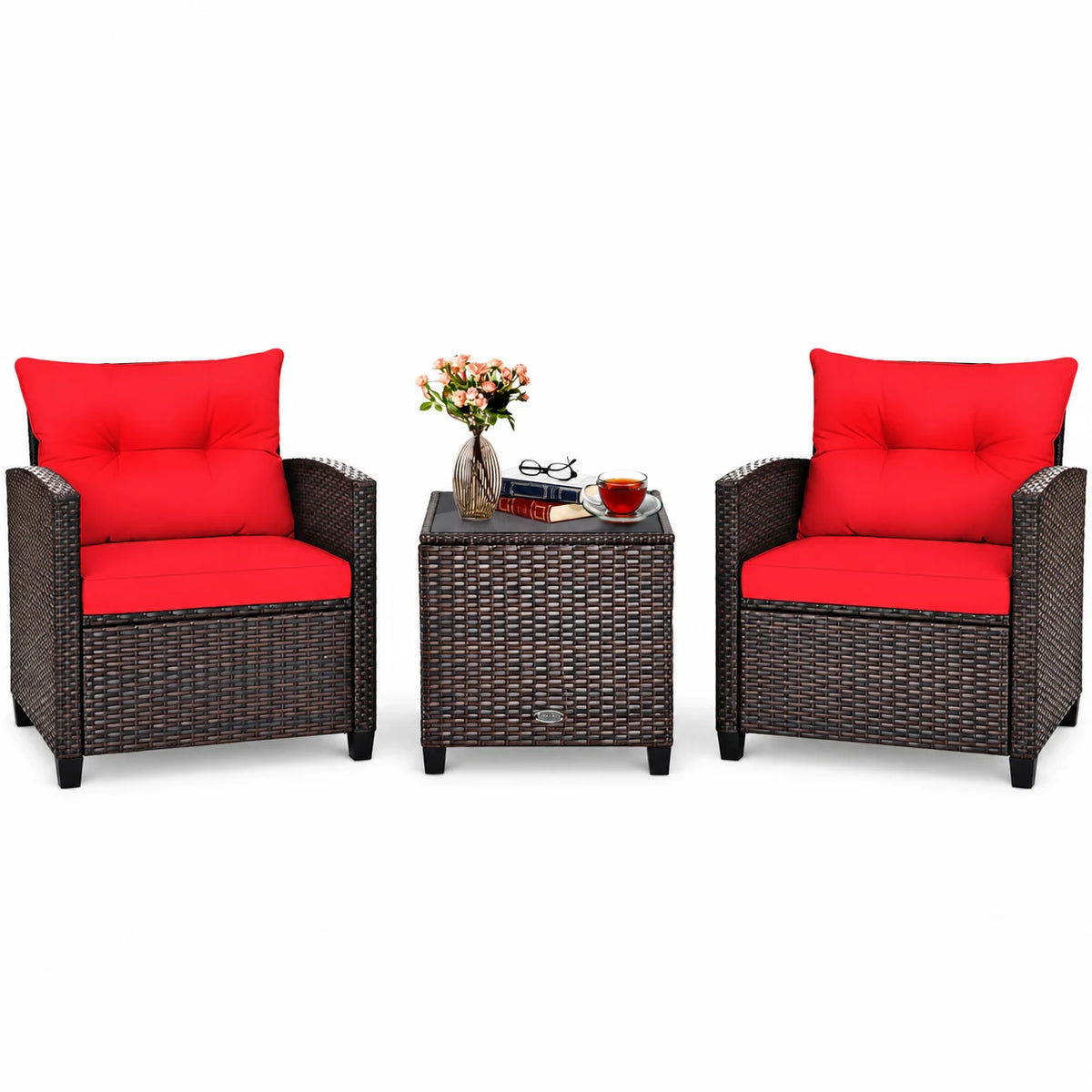 Costway 3PCS Patio Rattan Furniture Set Cushioned Conversation Set Sofa Coffee Table Red