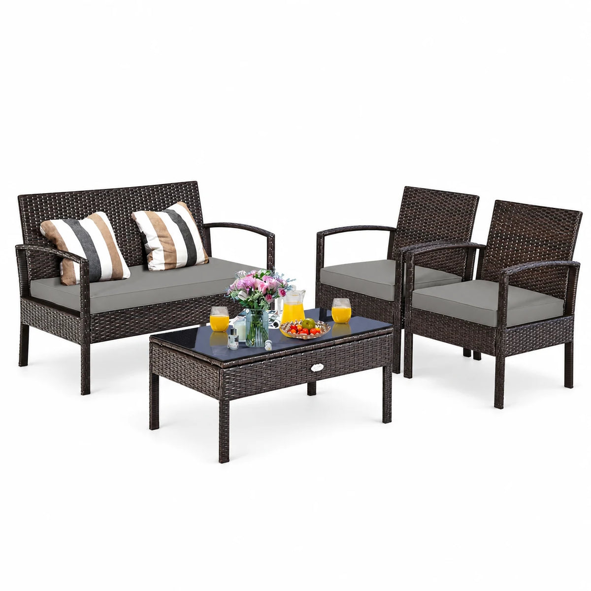 Costway 4pcs Patio Rattan Wicker Furniture Set Loveseat Sofa Cushioned Garden Yard