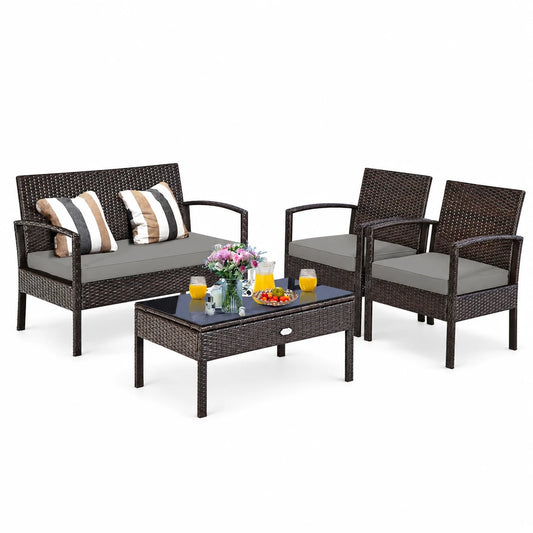 Costway 4pcs Patio Rattan Wicker Furniture Set Loveseat Sofa Cushioned Garden Yard