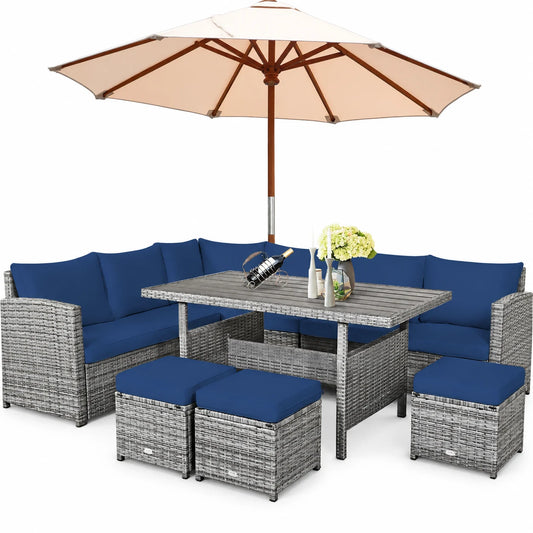 Costway 7 PCS Patio Rattan Dining Set Sectional Sofa Couch Ottoman Navy