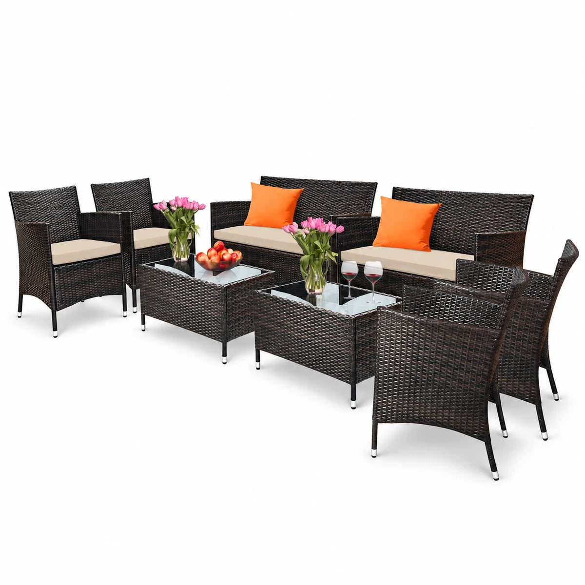 Gymax 8PCS Patio Rattan Conversation Furniture Set Outdoor w/ Brown Cushion