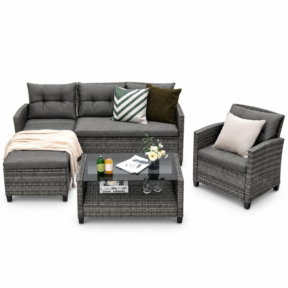 Gymax 4PCS Rattan Patio Conversation Furniture Set Outdoor Sectional Sofa Set
