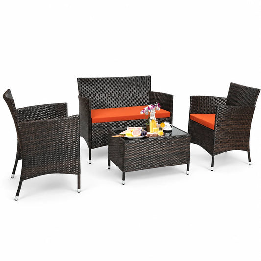 Costway 4PCS Rattan Patio Furniture Set Cushioned Sofa Chair Coffee Table Orange