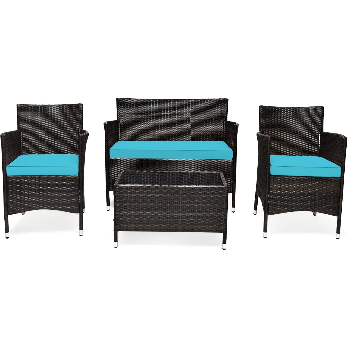 Patiojoy 4PCS Patio Rattan Wicker Furniture Set Sofa Chair Table Set w Turquoise Cushions