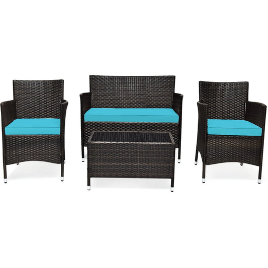 Patiojoy 4PCS Patio Rattan Wicker Furniture Set Sofa Chair Table Set w Turquoise Cushions