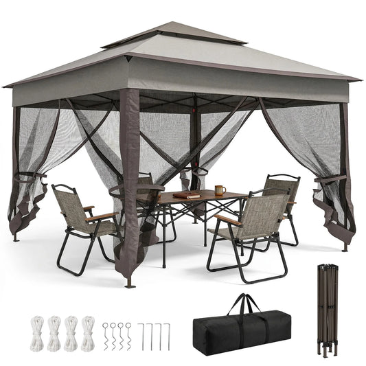 11'x11' Pop Up Gazebo 2-Tier Soft Top Gazebo w/ Mesh Netting, Mixed Grey