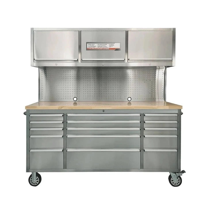 TMG Industrial Stainless Steel Rolling Workbench Cabinet Combo, 72", 15 Lockable Drawers, Wall-Mounted Cabinets, Pegboard, Adjustable Shelving, TMG-WBC72S