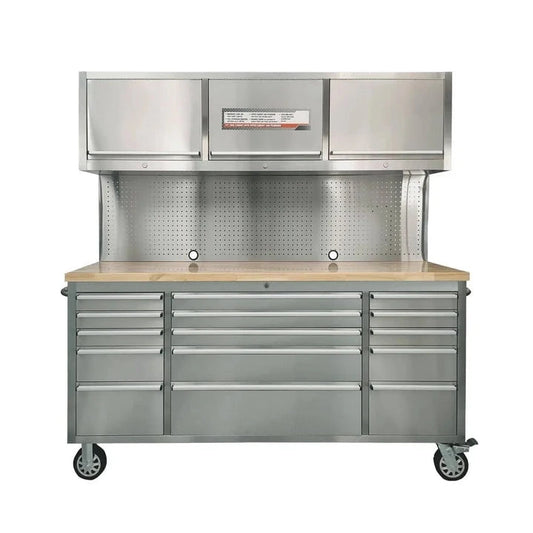 TMG Industrial Stainless Steel Rolling Workbench Cabinet Combo, 72", 15 Lockable Drawers, Wall-Mounted Cabinets, Pegboard, Adjustable Shelving, TMG-WBC72S