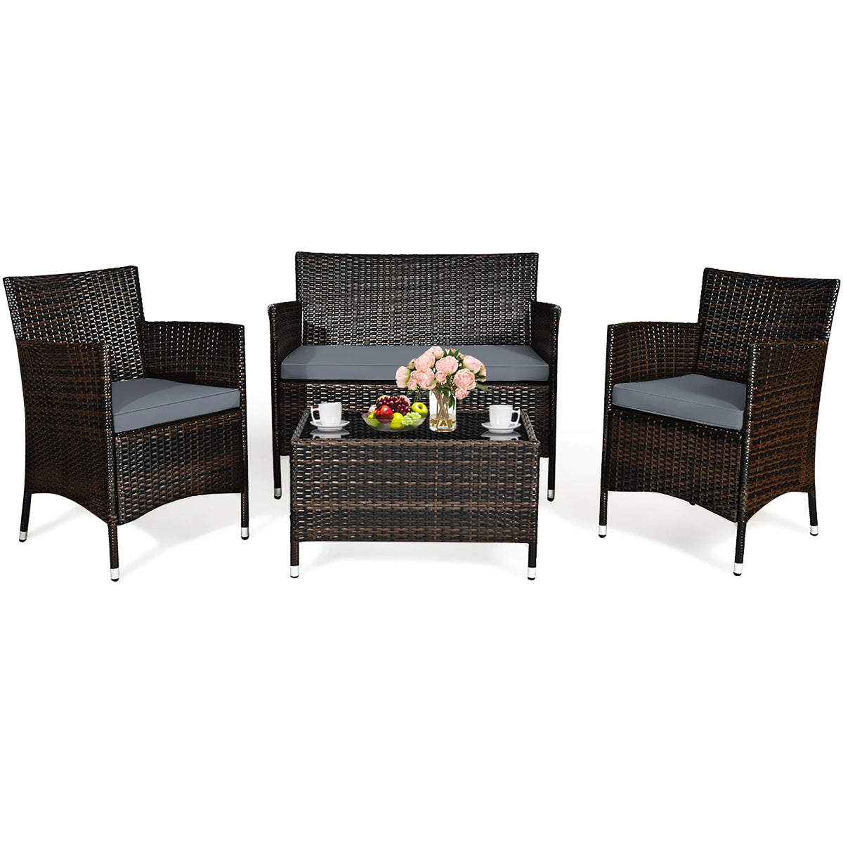 Costway 4PCS Rattan Patio Furniture Set Cushioned Sofa Chair Coffee Table Garden Grey