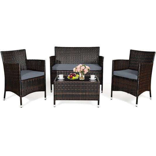 Costway 4PCS Rattan Patio Furniture Set Cushioned Sofa Chair Coffee Table Garden Grey