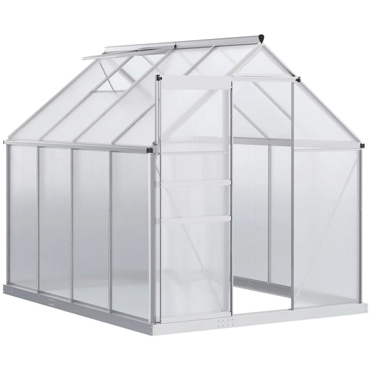Outsunny 8' x 6' Aluminum Outdoor Greenhouse, Polycarbonate Walk-in Garden Greenhouse Kit with Adjustable Roof Vent, Rain Gutter and Sliding Door for Winter, Silver