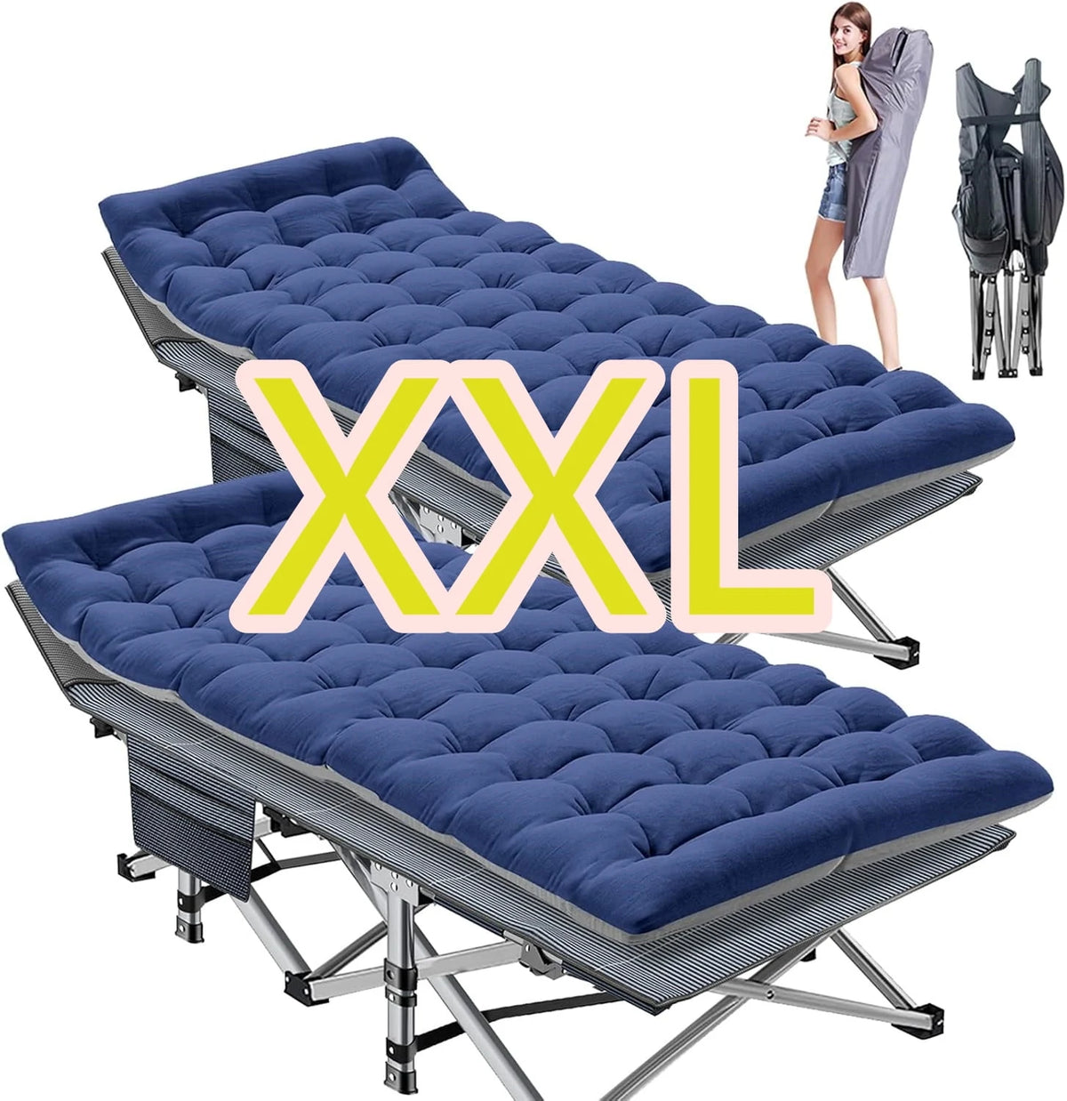 ABORON 2 Pack Oversized XXL Folding Camping Cot for Adults & Kids, 78" L x 32" W x 18" H Large Folding Guest Bed Cots, 900lb Sleeping Cot Folding Bed with 2 Sided Mattress & Carry Bag