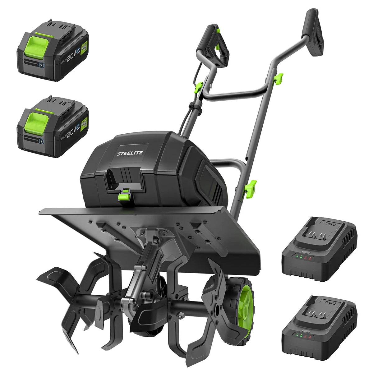 Steelite 2x21V Max 14-Inch Cordless Tiller with Brushless Motor,Battery Powered Garden Tiller for Gardening/Soil Cultivation,Tiller Cultivator and Garden Rototiller, 2* 4.0 Ah Batteries Included