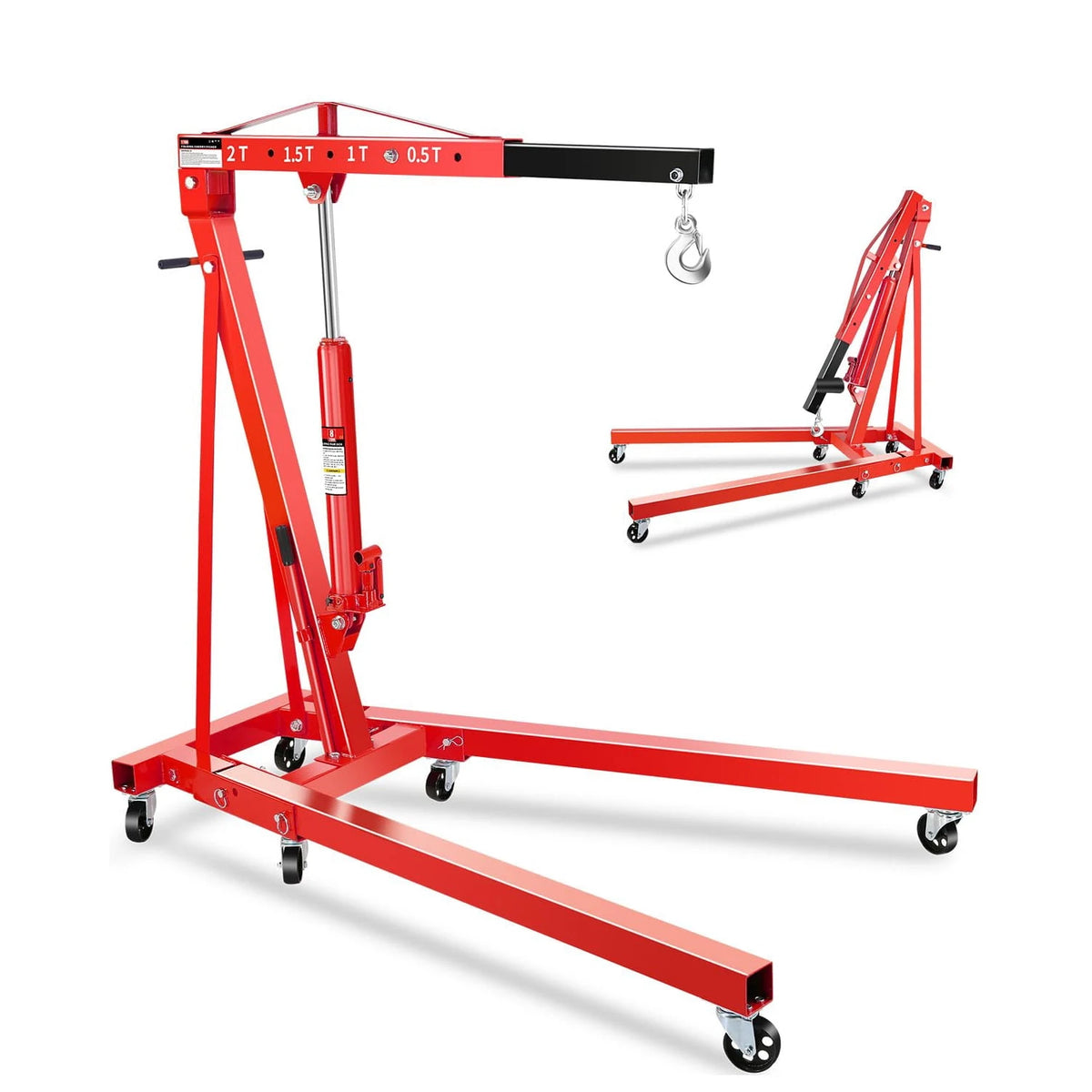 2-Ton Folding Hydraulic Shop Crane w/6 Steel Casters – Portable Engine Hoist for Cars, Tractors, Boats | 4-Height Adjustable Boom, Rust-Proof (4400LB Capacity)