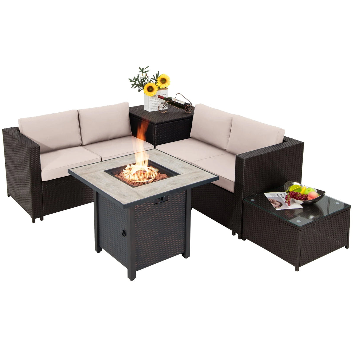 Patiojoy 5-Piece Patio Furniture Set with 30 Inches Gas Fire Pit Table Outdoor PE Wicker Conversation Sectional Sofa Set with Cushions Beige