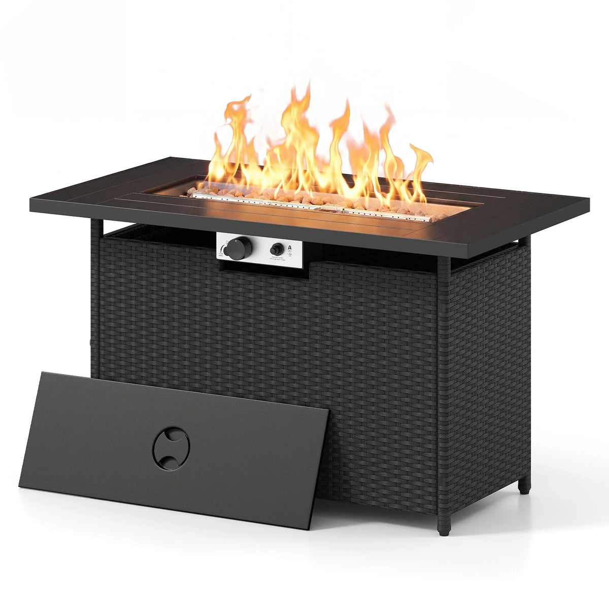 Gymax Propane Fire Pit Table 50000 BTU Wicker Gas Firepit w/ Hidden Tank Storage