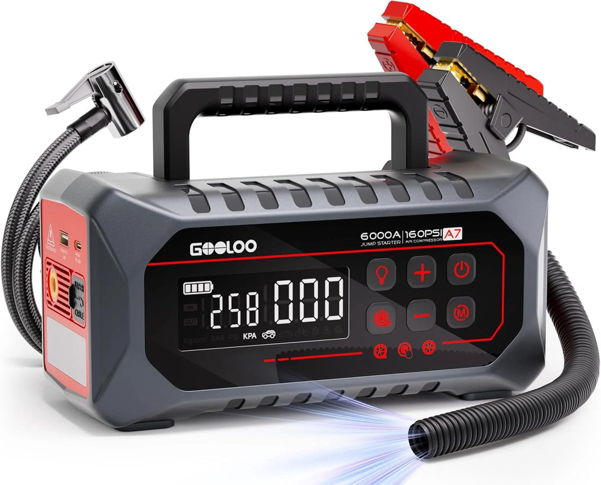 GOOLOO A7 Jump Starter with Air Compressor, 6000A &160PSI 12V Car Battery Jumper Starter Portable Booster Pack, 12-in-1 Jump Box (All Gas & 10L Disel) with Tire Inflator & Air Pump(Inflate& Deflate)