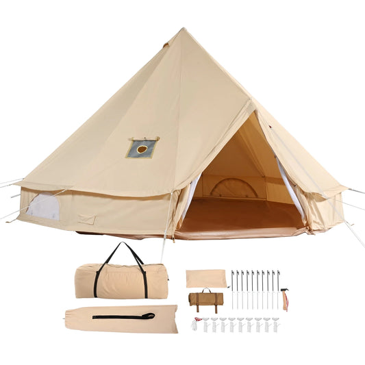 KFFKFF Fabric Bell Shelter, All-Weather 3 m/9.8ft Nomadic Tent, Camping Canvas Tent with Stove Outlet, Ventilated Shelter Accommodates 4 Individuals, Outdoor Family Camping and Hunting Gathering