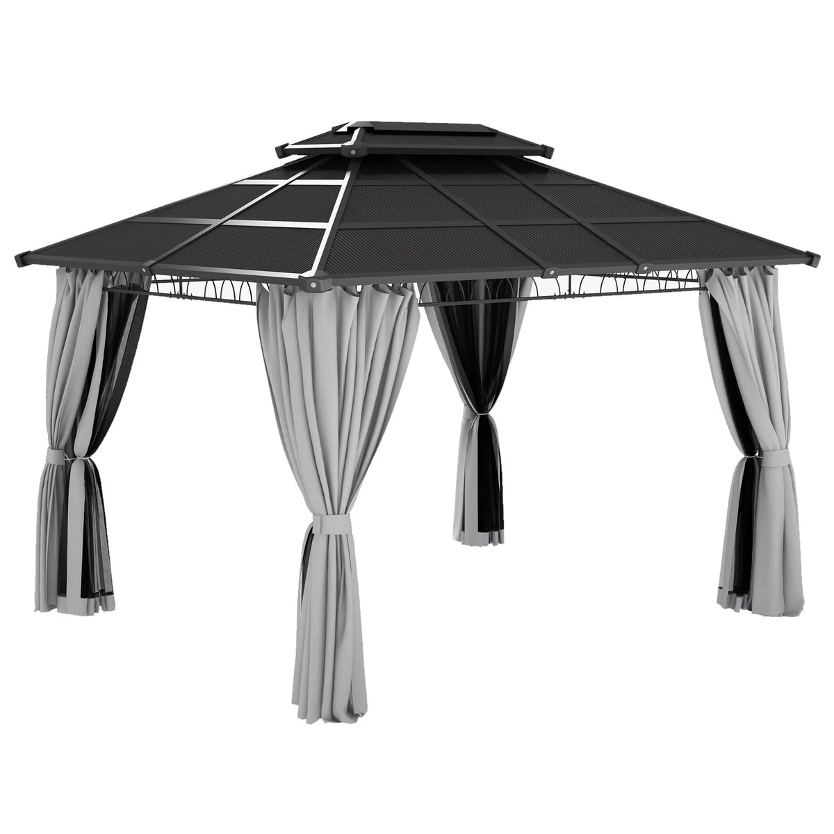 Outsunny 10' x 12' Double Roof Hardtop Gazebo with Nettings Curtains Grey