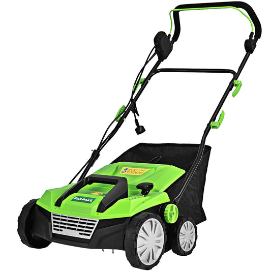 IronMax 13Amp Corded Scarifier 15" Electric Lawn Dethatcher w/50L Collection Bag Green