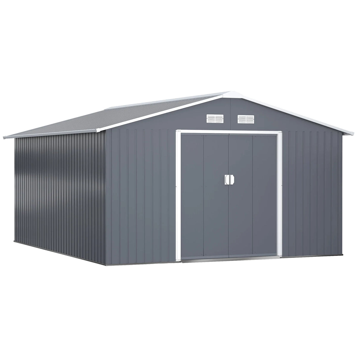 Outsunny 11' x 13' Garden Storage Shed with Foundation Kit, Metal Tool Storage House with Double Doors for Outdoor Patio Yard, Grey