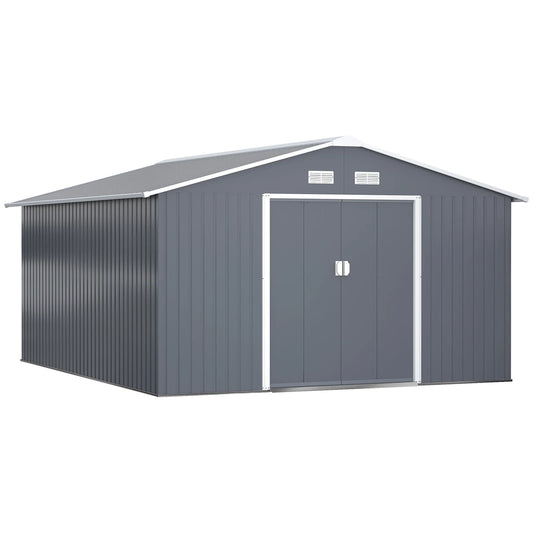 Outsunny 11' x 13' Garden Storage Shed with Foundation Kit, Metal Tool Storage House with Double Doors for Outdoor Patio Yard, Grey