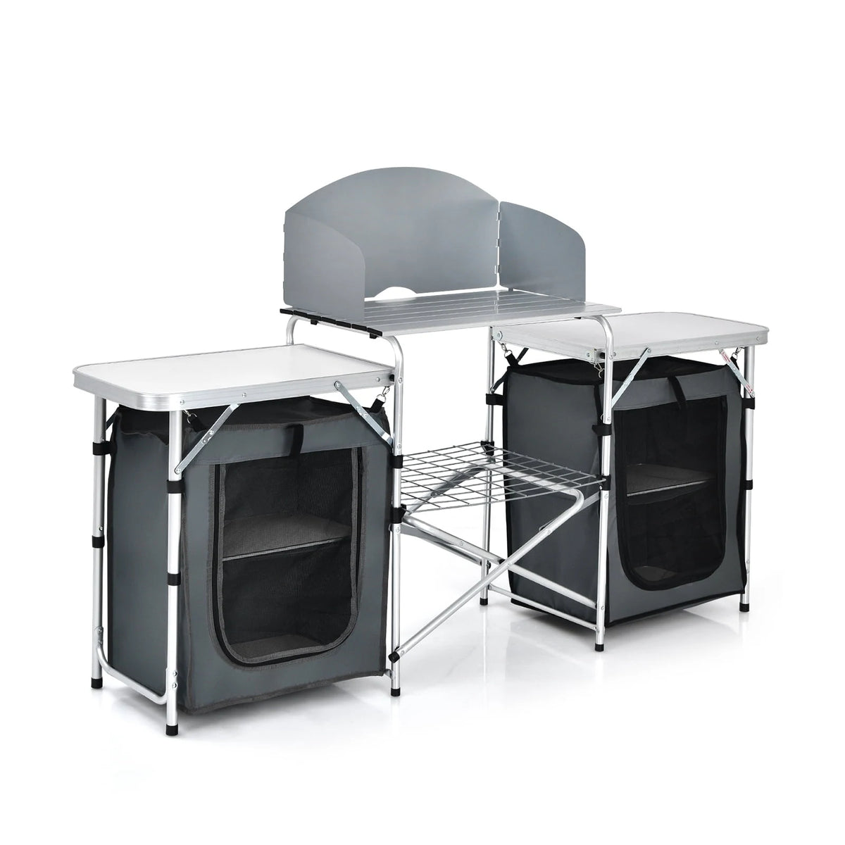 Patiojoy Portable Camping Kitchen Table Aluminum Fold-Up Camping Kitchen with Windscreen for BBQ, Picnic, Party Gray