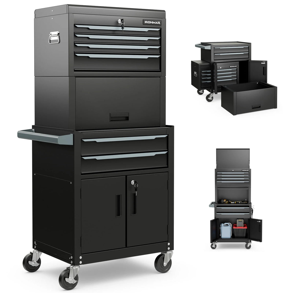 Ironmax 6-Drawer Rolling Tool Chest 3-in-1 Heavy-Duty Storage Cabinet with Universal Wheels Black