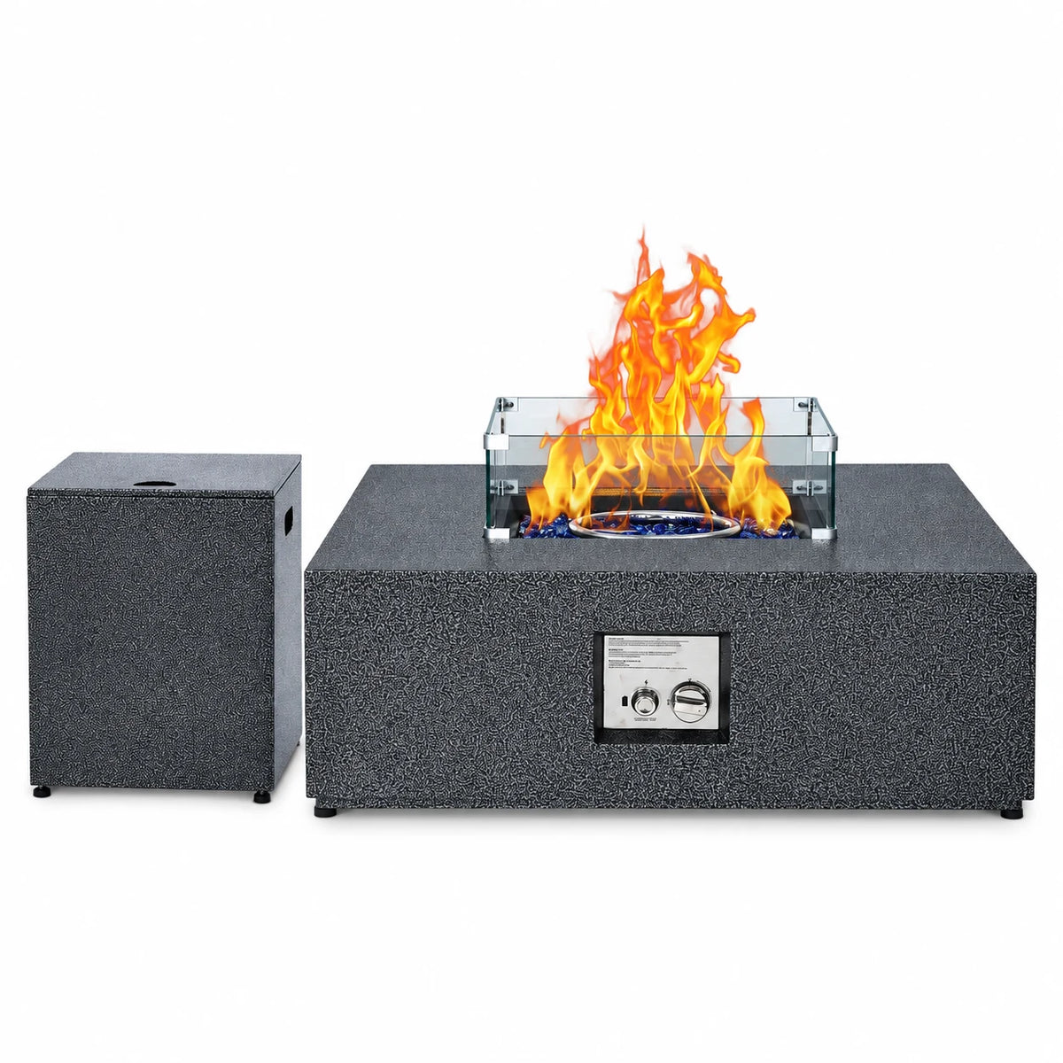 Propane Fire Pit Table – 36" Square 50K BTU – Outdoor Gas Fire Table – Removable Lid & Wind Guard – Blue Glass Rocks – Steel – Includes Rain Cover, Windshield & Gas Cylinder Box – Patio Heater