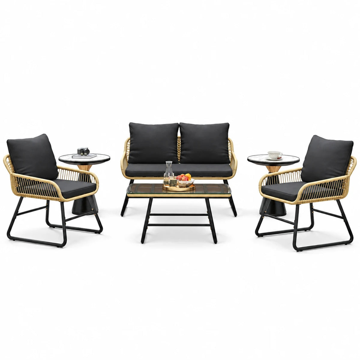 BeesClover 4 Piece Outdoor Bistro Set, Wicker Patio Furniture Set with Cushions, Tempered Glass Coffee Table, 2 Chairs and Loveseat for Garden, Backyard, Porch, Deck
