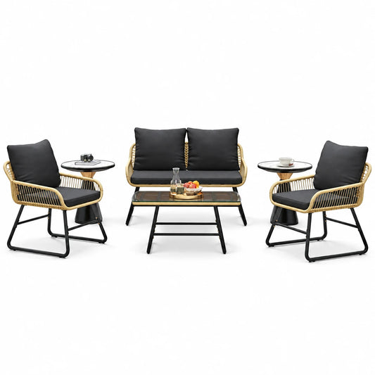 BeesClover 4 Piece Outdoor Bistro Set, Wicker Patio Furniture Set with Cushions, Tempered Glass Coffee Table, 2 Chairs and Loveseat for Garden, Backyard, Porch, Deck