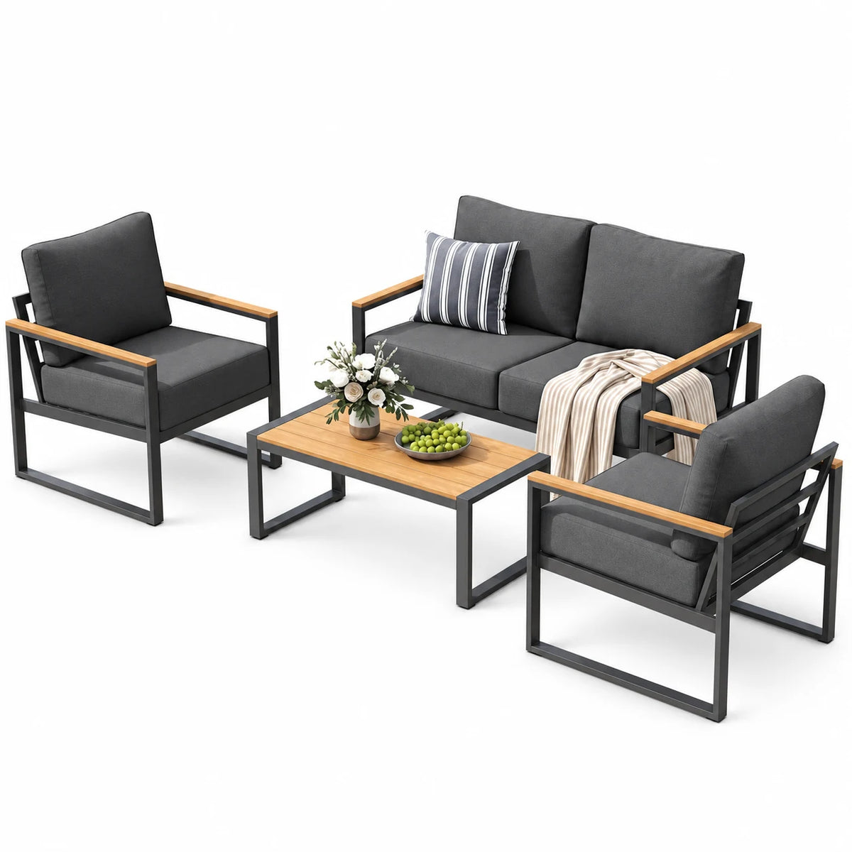 Dateyes 4-Piece Outdoor Patio Furniture Set, Modern Metal Conversation Set for Porch, Deck, Balcony (Dark Grey)