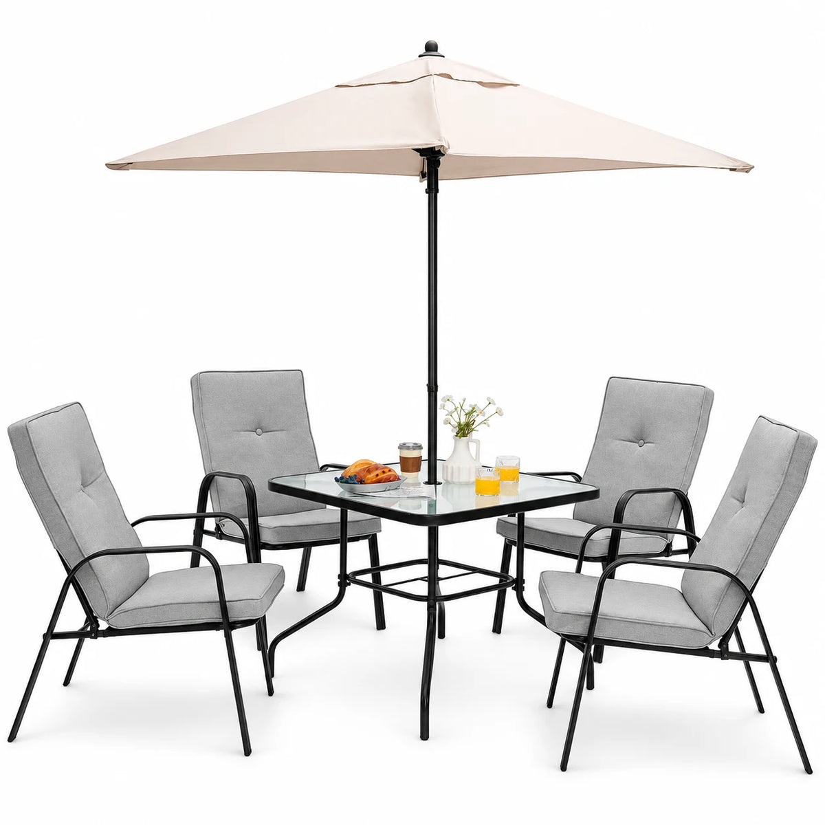Gymax 6PCS Outdoor Dining Set Patio Table & Chair Furniture Set w/ Cushions & Umbrella